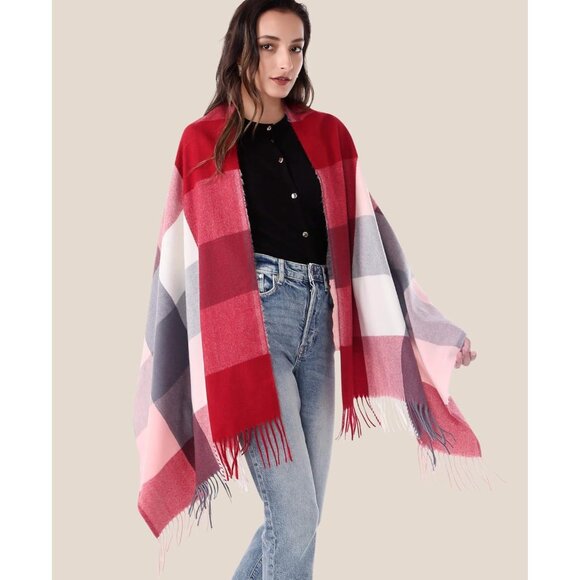 Women Burgundy White Winter Warm Shawl Wraps Tartan Blanket Oversized Scarves - Picture 2 of 6